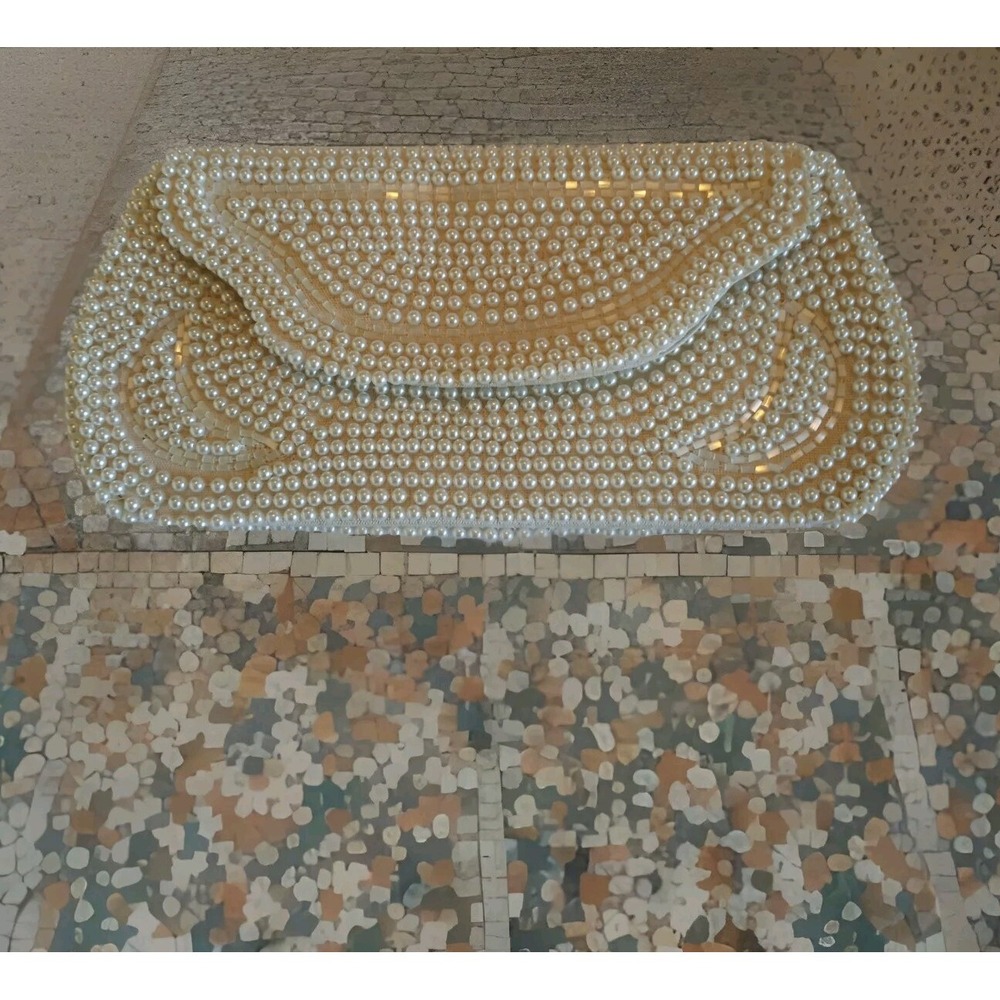 Bon Soir Italian Beaded Clutch Purse Faux Pearl Bugle Beads Vintage AS IS